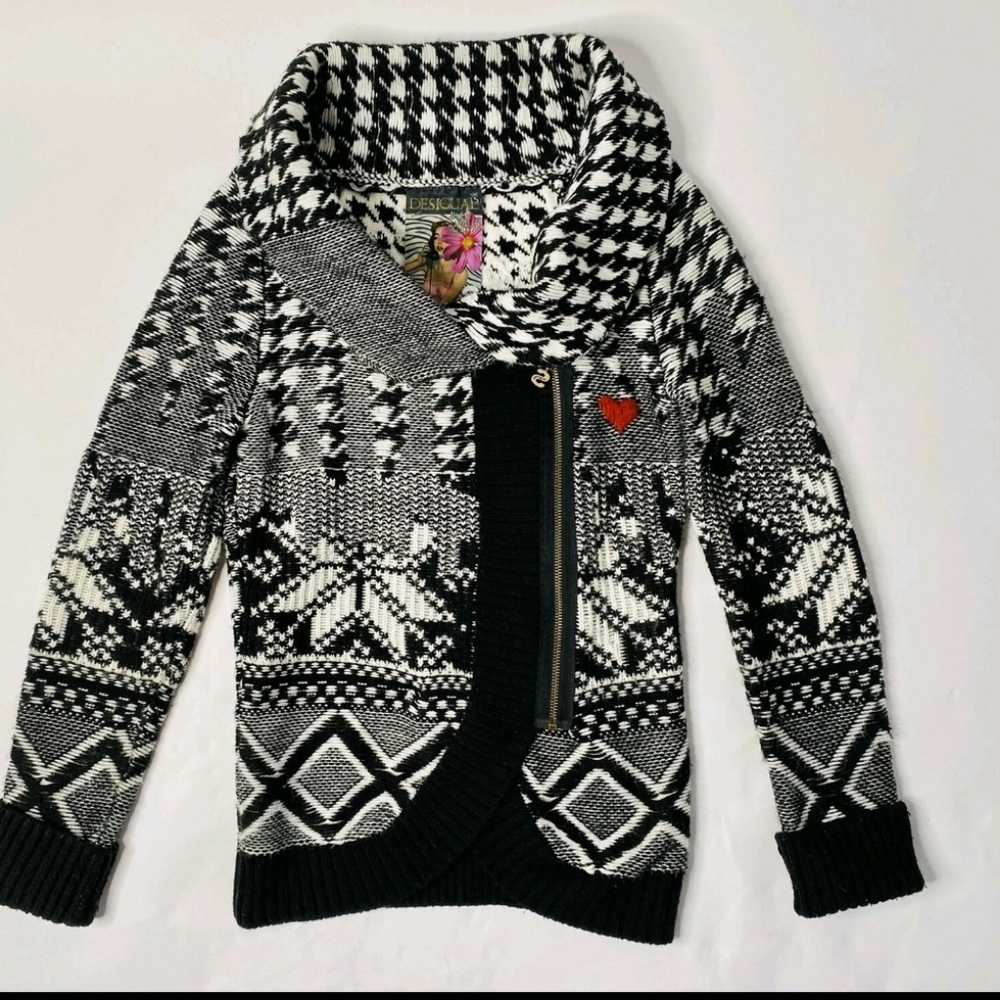 Desigual Women’s Sweater ‘Susana’ Zip Pullover Houndstooth Snowflake Christmas
